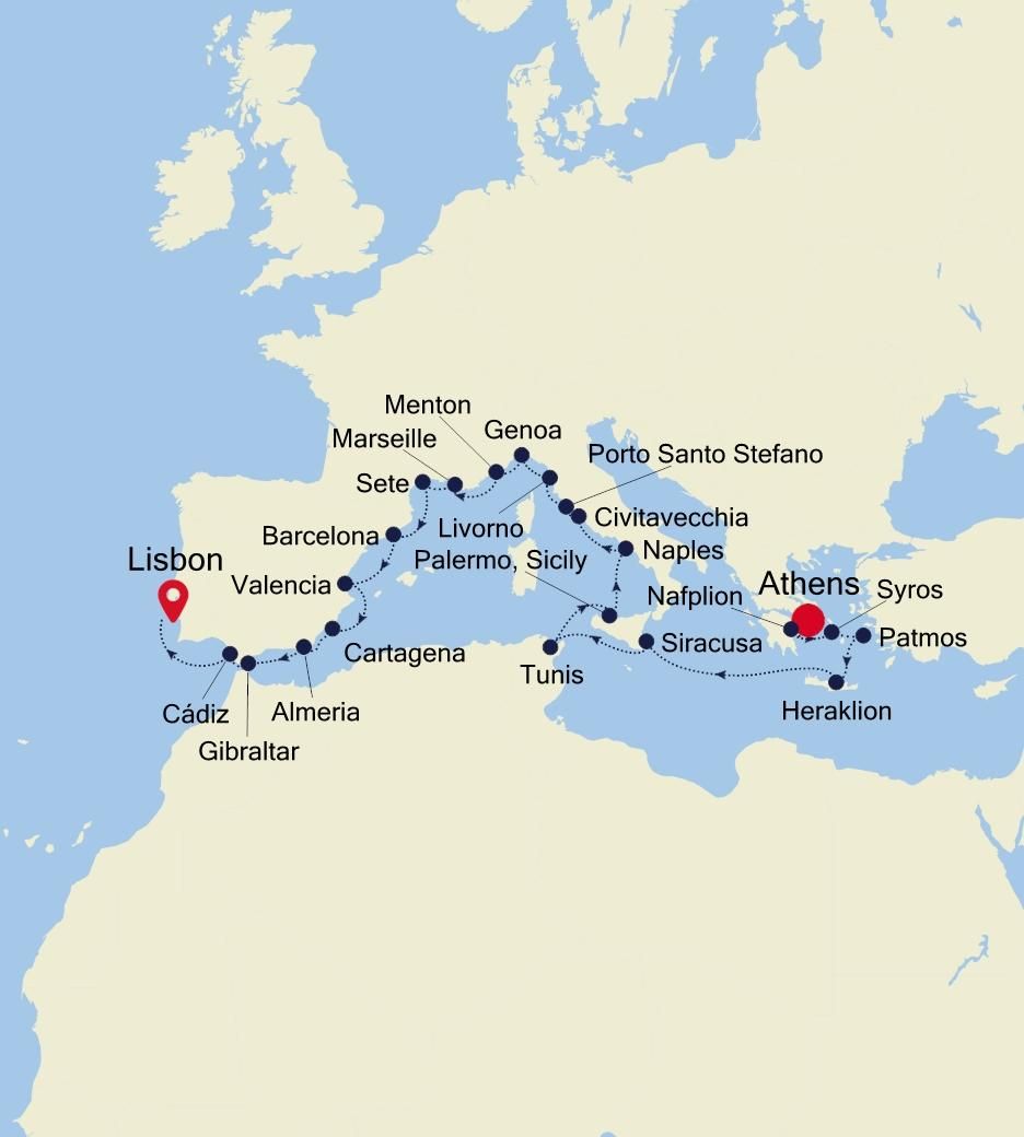 Mediterranean Special Voyage: Athens (Piraeus) to Lisbon Itinerary Map